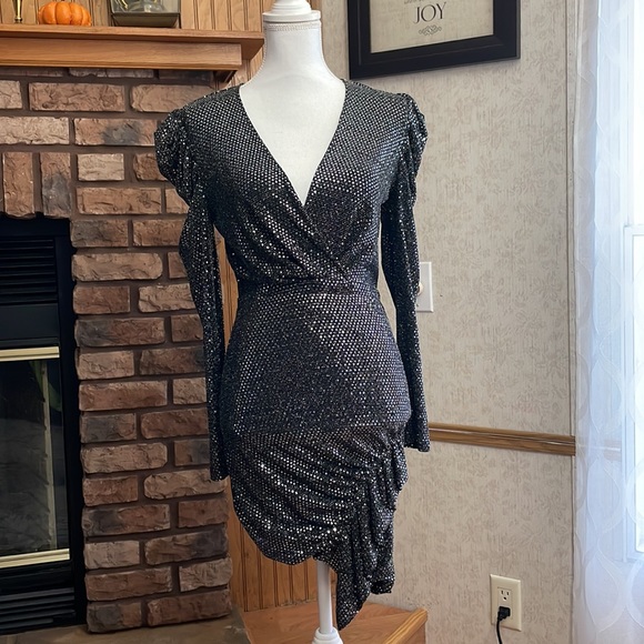 IRO LouLou Paris Women Mini Dress Black Silver Metallic Body-con Size 34 USA 2-4 - Picture 2 of 8